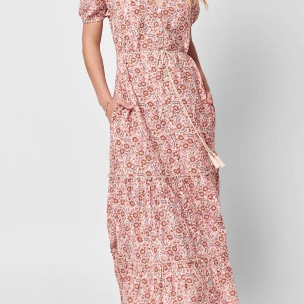 Faherty Floral Pink Tiered Maxi Dress with Tie Waist
